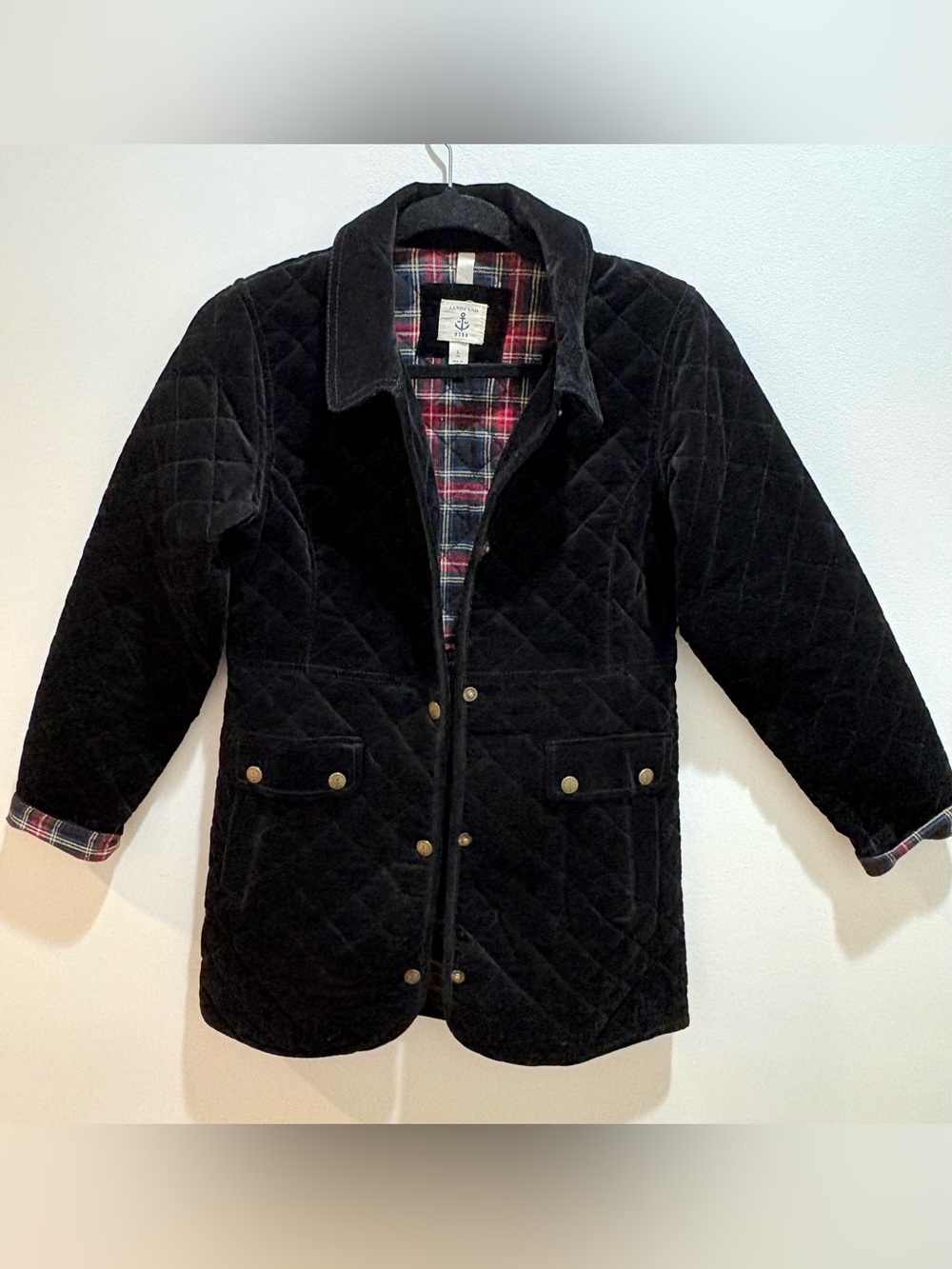 Lands End Kids L Quilted Velvet Barn Jacket Equestrian Button Front Black Plaid